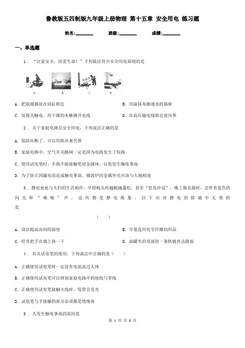 鲁教版五四制版九年级上册物理 第十五章 安全用电 练习题