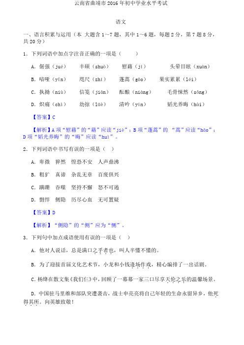 云南省曲靖市年初中学业水平考试语文试卷解析版