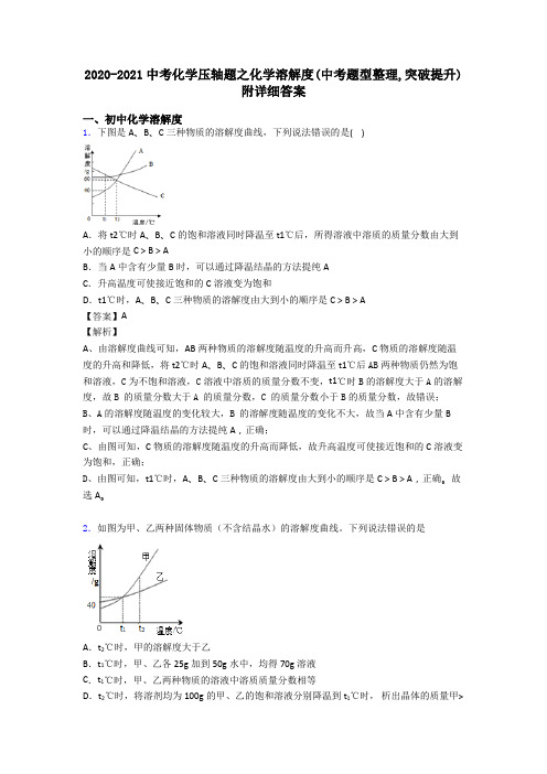 2020-2021中考化学压轴题之化学溶解度(中考题型整理,突破提升)附详细答案