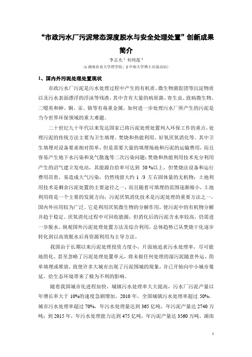 “市政污水厂污泥常态深度脱水与安全处理处置”创新成果简介