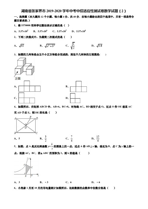 湖南省张家界市2019-2020学年中考中招适应性测试卷数学试题(2)含解析