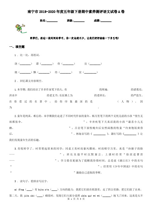南宁市2019-2020年度五年级下册期中素养测评语文试卷A卷