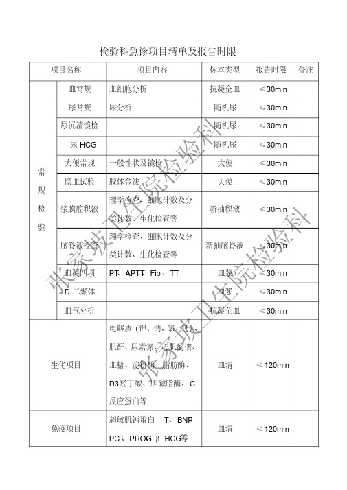 检验科急诊检验项目