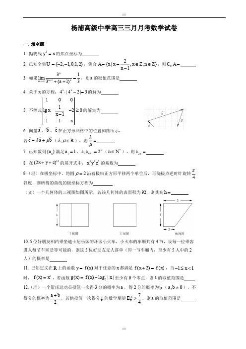 2019年上海市杨浦高级中学高三三月月考数学试卷(有答案)(加精)