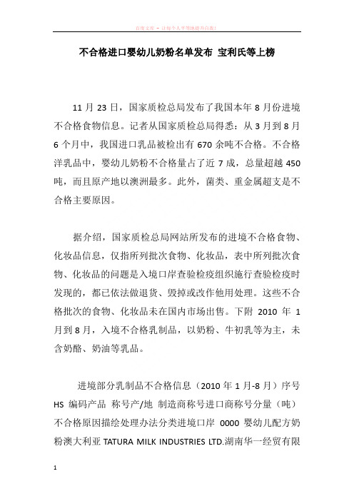 不合格进口婴幼儿奶粉名单发布 宝利氏等上榜