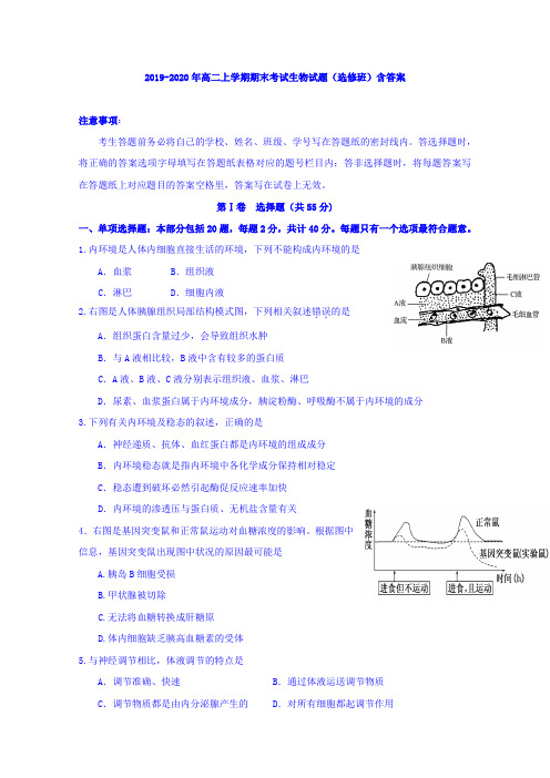 2019-2020年高二上学期期末考试生物试题(选修班)含答案.doc