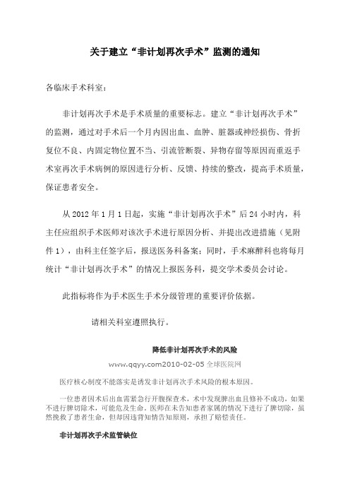 关于建立“非计划再次手术”监测的通知