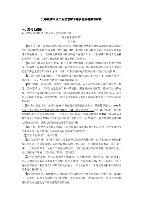 九年级初中语文阅读理解专题训练及答案带解析