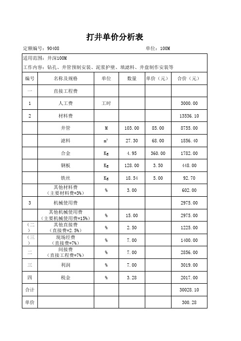 打井单价分析表