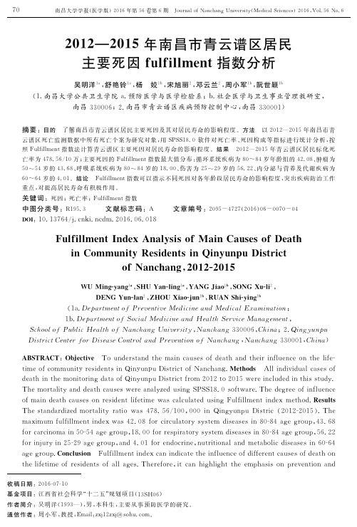 2012—2015年南昌市青云谱区居民主要死因fulfillment指数分析