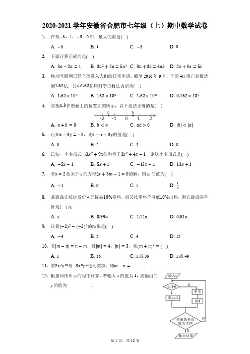 2020-2021学年安徽省合肥市七年级(上)期中数学试卷