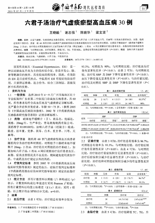 六君子汤治疗气虚痰瘀型高血压病30例