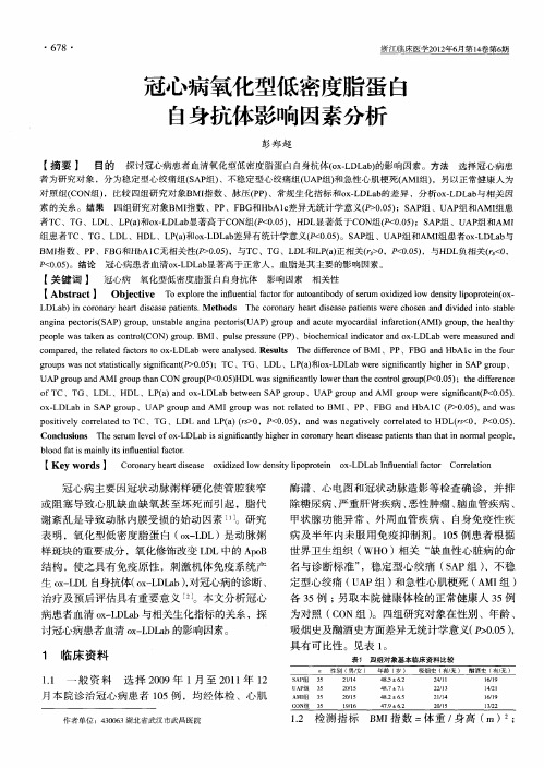 冠心病氧化型低密度脂蛋白自身抗体影响因素分析