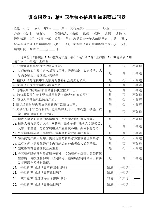 精神卫生核心信息和知识要点问卷调查