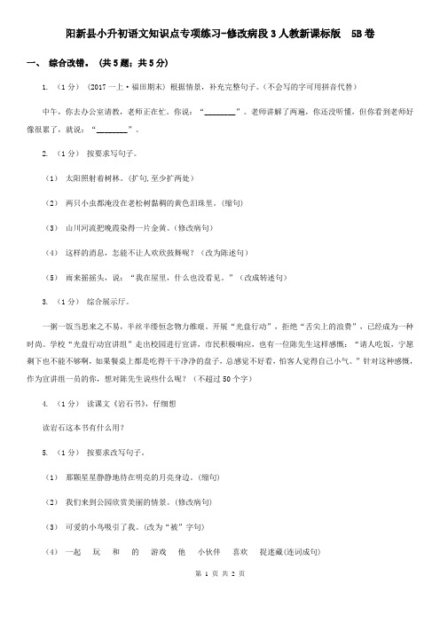 阳新县小升初语文知识点专项练习-修改病段3人教新课标版  5B卷