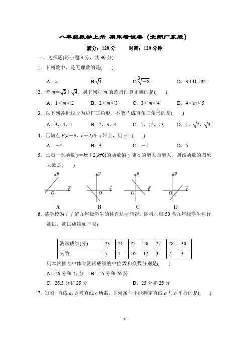 八年级数学上册 期末考试卷(北师广东版)