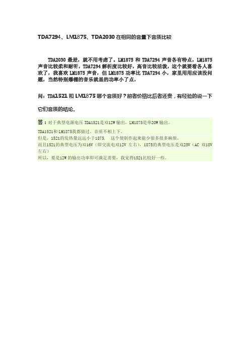 TDA7294、LM1875、TDA2030在相同的音量下音质比较