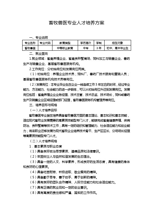 畜牧兽医专业人才培养方案职中版