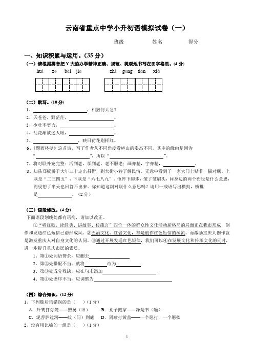 云南省重点中学小升初语文模拟试卷(一)