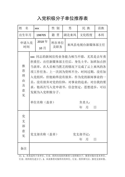 入党积极分子单位推荐表模板(填写内容版本)