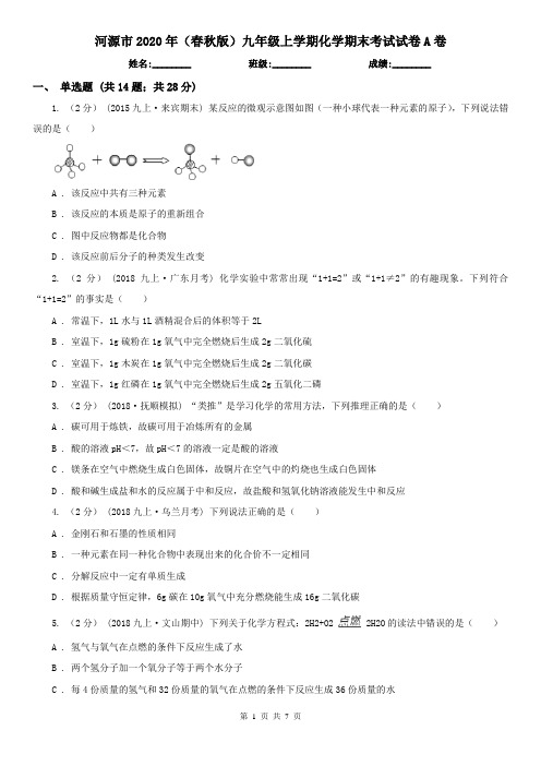 河源市2020年(春秋版)九年级上学期化学期末考试试卷A卷