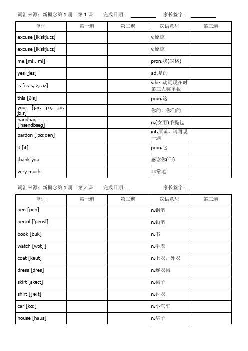 新概念英语第1册单词默写表格1-50