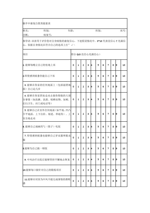 脑卒中康复自我效能量表