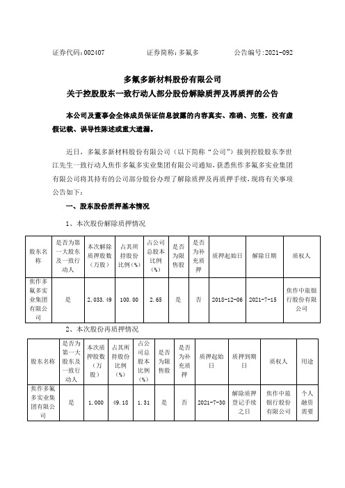 002407多氟多：关于控股股东一致行动人部分股份解除质押及再质押的公告