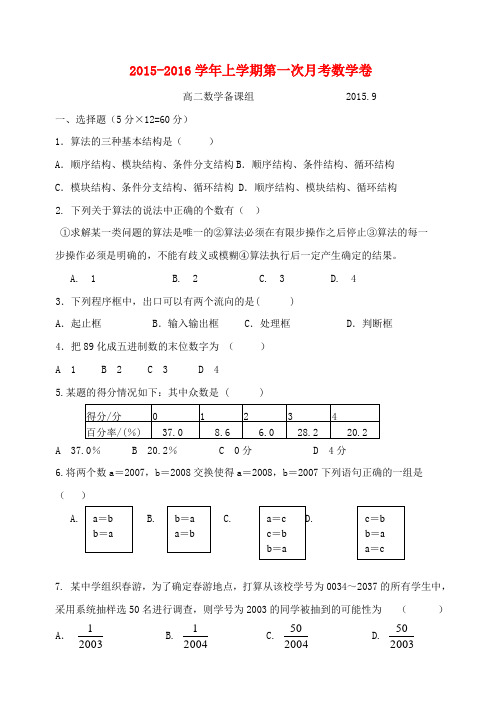 福建省莆田市第二十四中学2015-2016学年高二数学上学期第一次月考试题(无答案)