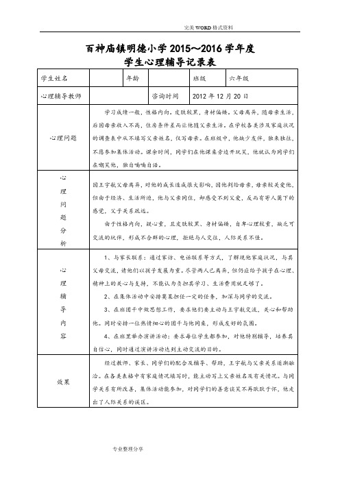 2016年_2017年小学心理咨询记录文本表1