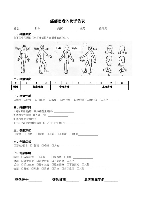 癌痛患者入院评估表