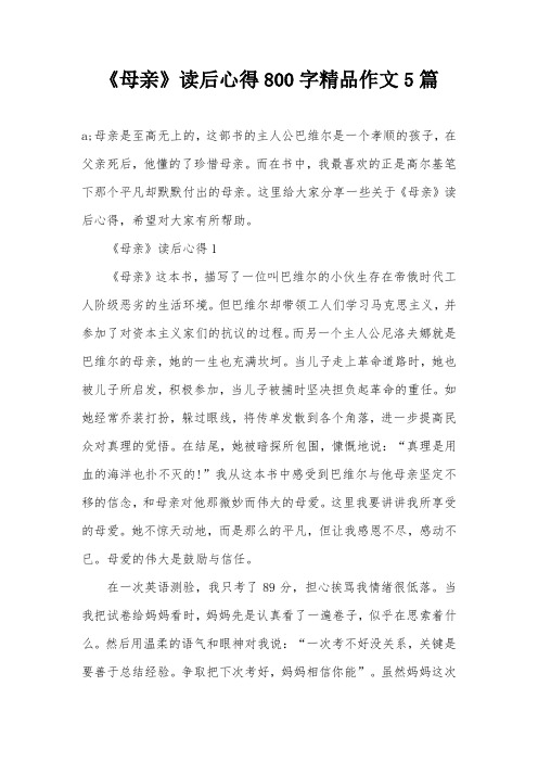 《母亲》读后心得800字精品作文5篇