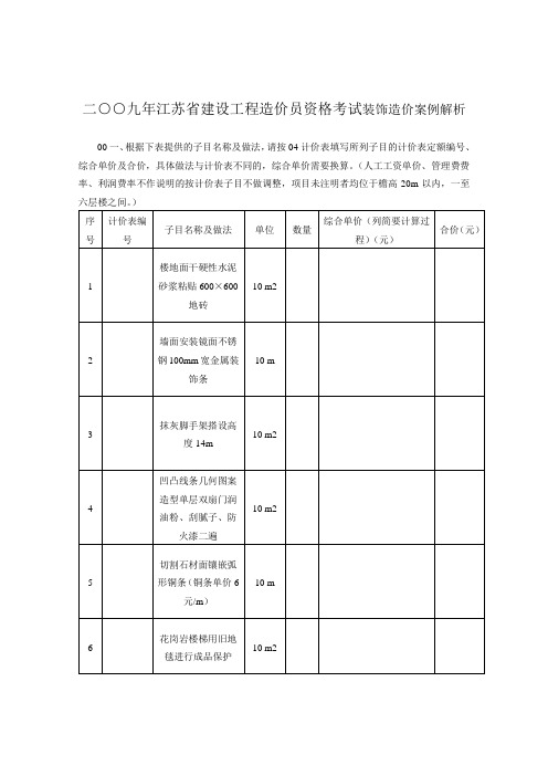 2009年江苏省装饰造价员考试试卷及答案