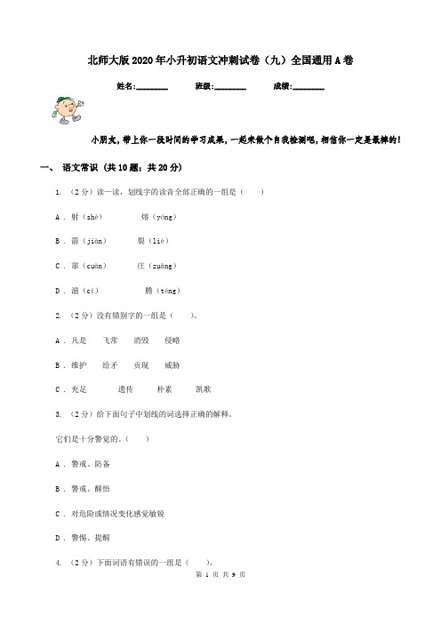 北师大版2020年小升初语文冲刺试卷(九)全国通用A卷