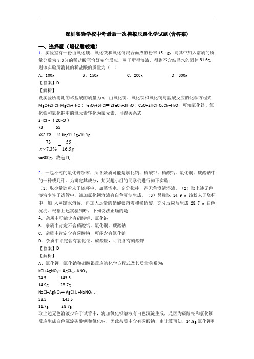 深圳实验学校中考最后一次模拟压题化学试题(含答案)