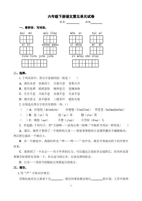 苏教版语文六下第五单元试卷