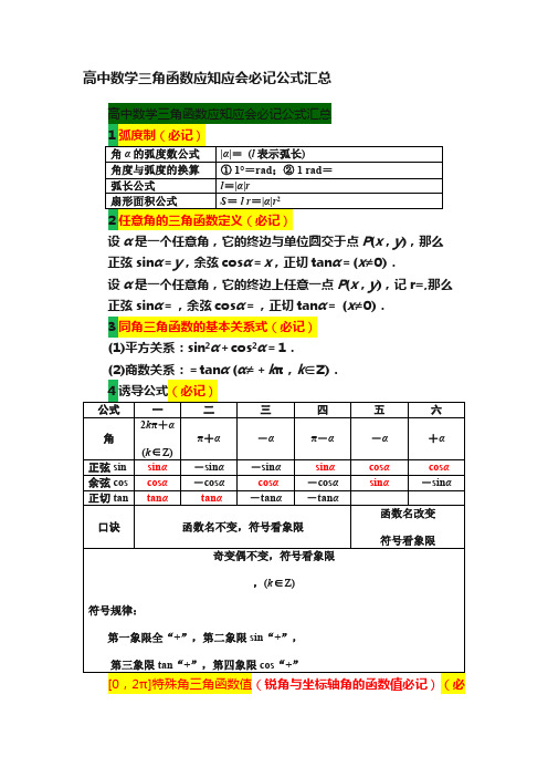 高中数学三角函数应知应会必记公式汇总