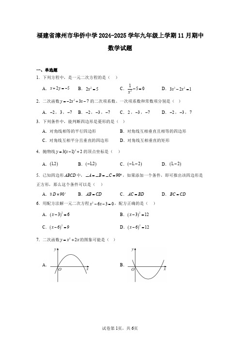 福建省漳州市华侨中学2024-2025学年九年级上学期11月期中数学试题
