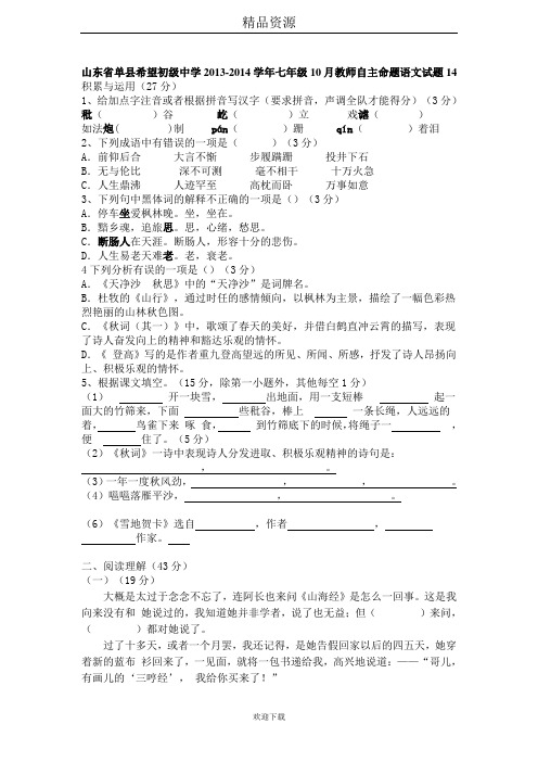山东省单县希望初级中学2013-2014学年七年级10月教师自主命题语文试题14