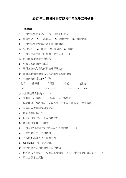 山东省临沂市费县2017届中考化学二模试卷(解析版)