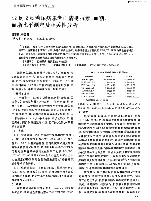 42例2型糖尿病患者血清抵抗素、血糖、血脂水平测定及相关性分析