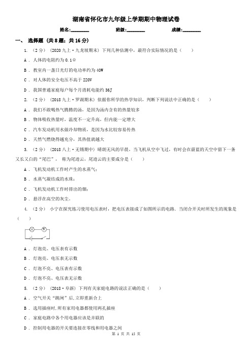 湖南省怀化市九年级上学期期中物理试卷