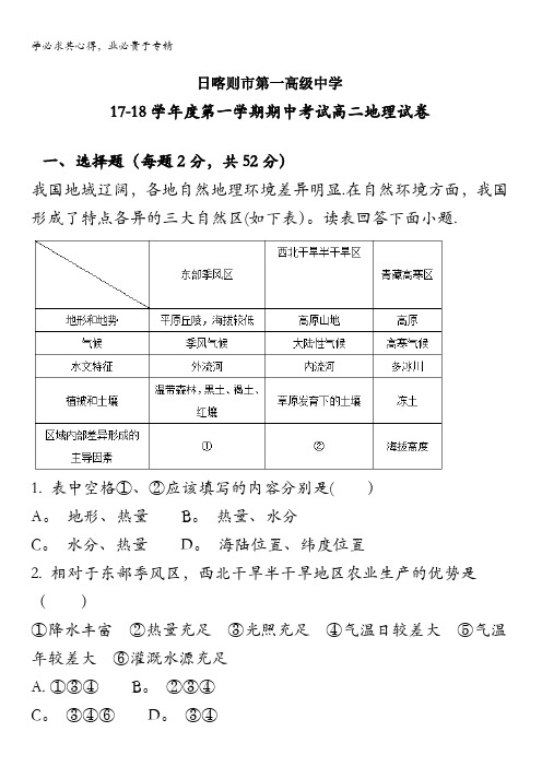 西藏日喀则第一高级中学2017-2018学年高二上学期期中考试地理试题 含解析