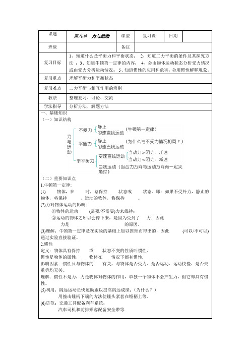 苏科版八年级物理下册第九章  力与运动 复习课教案