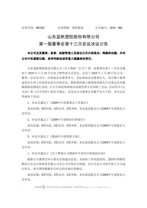 蓝帆股份：第一届董事会第十三次会议决议公告 2010-04-29