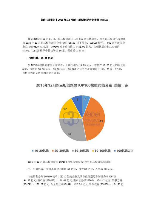 【新三板报告】2016年12月新三板创新层企业市值TOP100