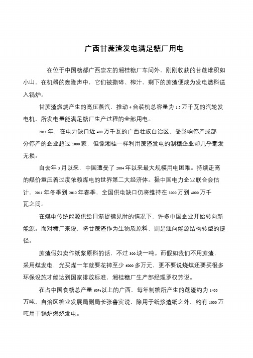 广西甘蔗渣发电满足糖厂用电