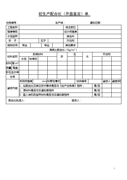 砼生产配合比开盘鉴定单混凝土构件厂