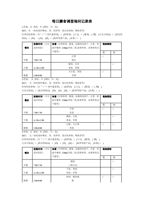 每日膳食调查询问记录表