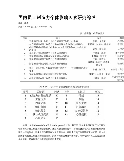 国内员工创造力个体影响因素研究综述